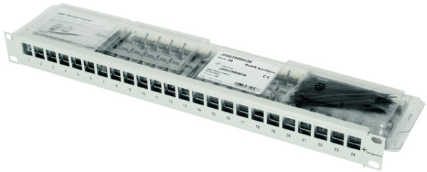19" Modulträger 1HE RAL 7035 incl. KAF + 24 x AMJ Modul K Cat.6A (ISO/IEC) T568B (Telegärtner J02023A0034)