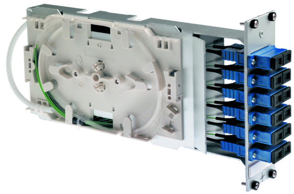 LWL 3HE/7TE Modul,m.Spleißhalt. Telekom m. 6xLCD,Met./türkis,12xPigt.50 OM3 (Telegärtner H02053K0166)