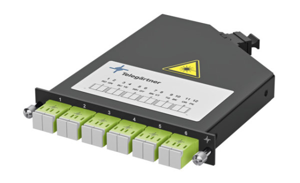 HD3-ES-FanOut-Modul 0,5HE 6xLC D OM4 violett 1xMPO/APC male mit FanOut 12x50µ OM4 (Telegärtner H02050A4089)